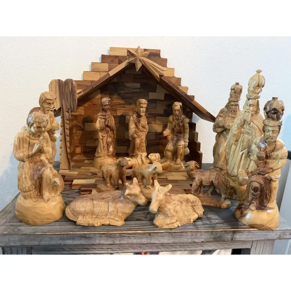 Hand Carved Olive Wood Nativity Set Bethlehem Holy Land 14 Pc Folding Stable